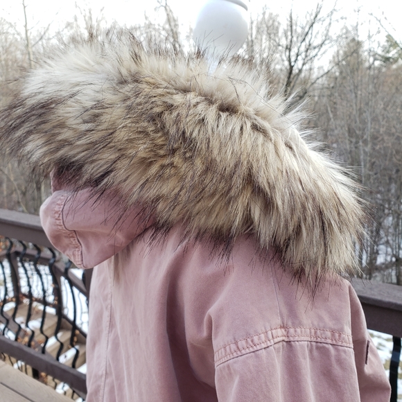 American Eagle military style parka faux fur hood mauve dusty rose medium crop - Picture 7 of 14